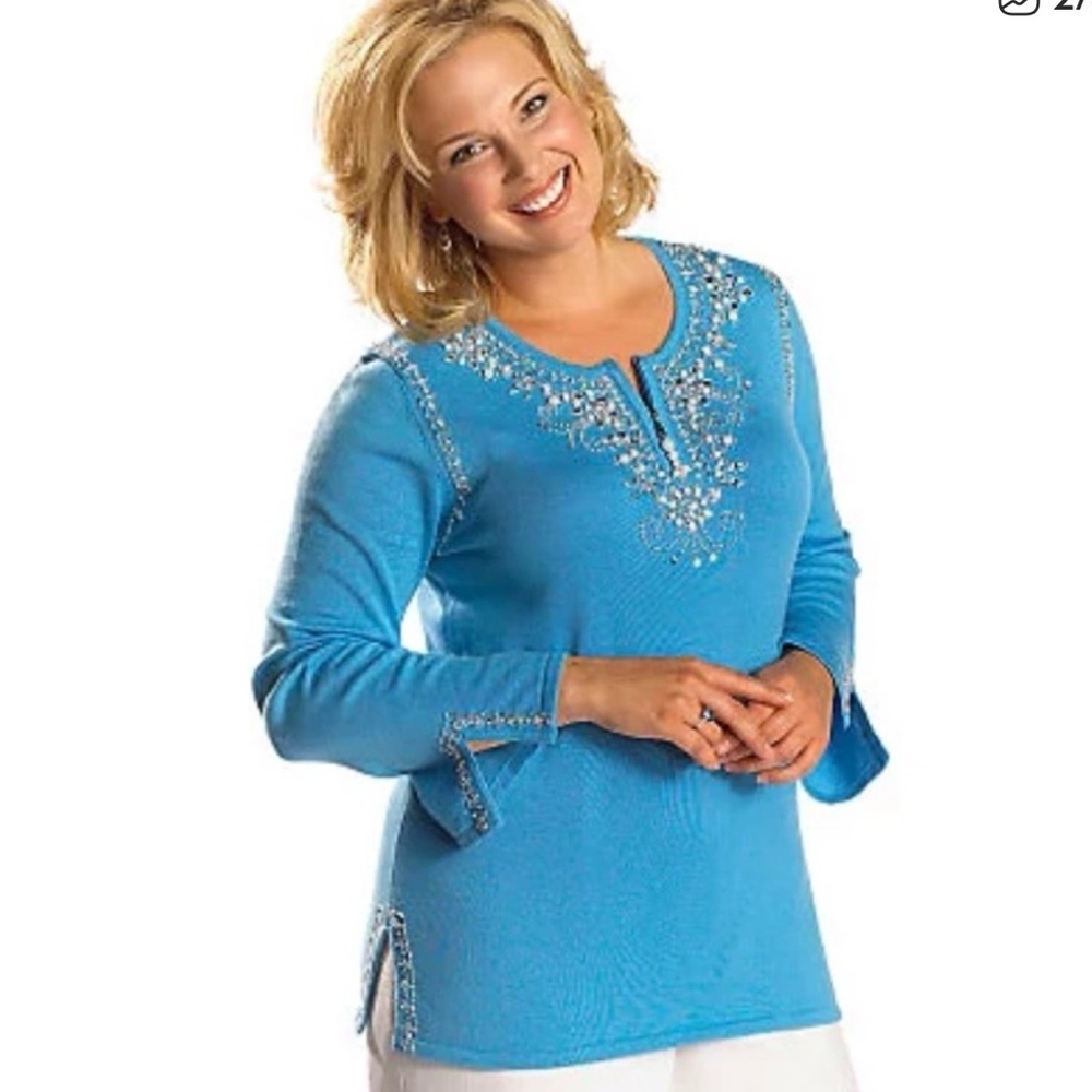 Quacker Factory simulated pearl embellished split cuff tunic sweater